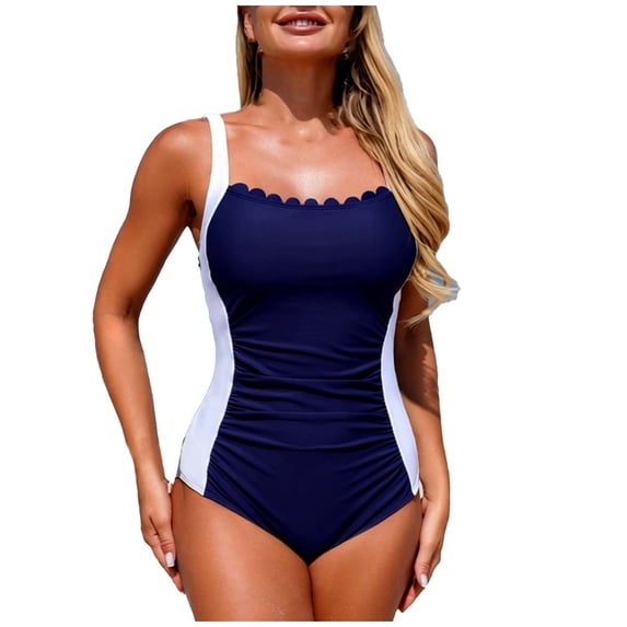 JGGSPWM Womens One Piece Swimsuit Color Blocked Adjustable Camisole Square Neck Tummy Control Bathing Suits Beach Swimwear Blue XL