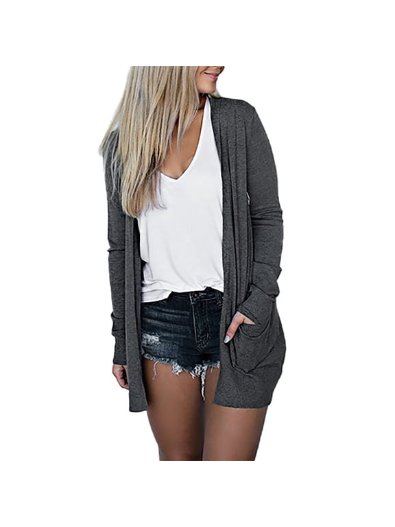 Womens Open Front Solid Cardigan Teen Girl Junior's Tunic Cardigan with Pocket Long Sleeve Shirts Dark Gray S