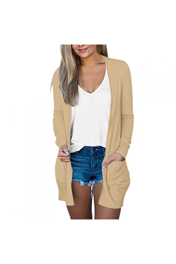 Womens Open Front Tunic Solid Cardigans V Neck Tshirt Long Sleeve Shirts with Pocket Tops Chic Cardigan Beige XXL