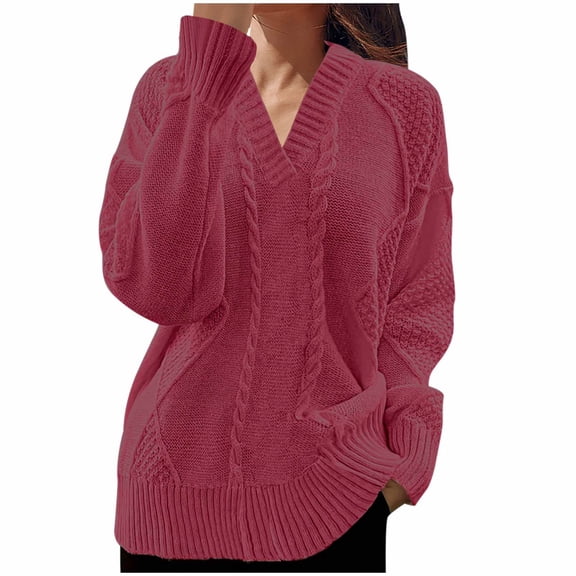 JGGSPWM Womens Oversized Cable Knit Sweaters Crew Neck Long Sleeve Fall Chunky Pullover Casual Cute Loose Fit Sweater Tops Red S