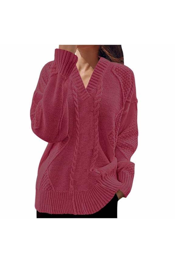 Womens Oversized Cable Knit Sweaters Crew Neck Long Sleeve Fall Chunky Pullover Casual Cute Loose Fit Sweater Tops Red S