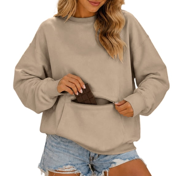 JGGSPWM Womens Oversized Crewneck Sweatshirt with Zip Pocket Fleece Lined, Y2k Cute Pullover Tops, Cozy Winter Travel Clothes Yellow XL