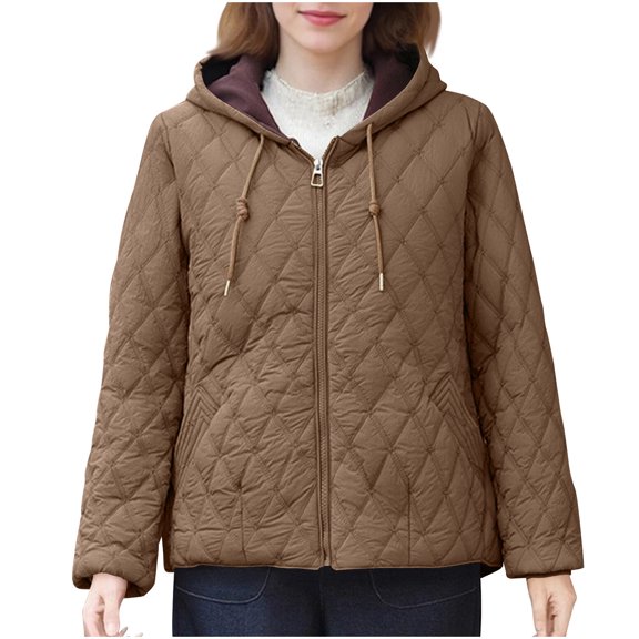 JGGSPWM Womens Oversized Quilted Jackets Lightweight Long Sleeve Full Zipper Puffer Jacket Casual Hooded Coats with Pockets Brown XXXXL