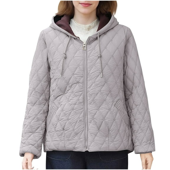 JGGSPWM Womens Oversized Quilted Jackets Lightweight Long Sleeve Full Zipper Puffer Jacket Casual Hooded Coats with Pockets Gray XXL