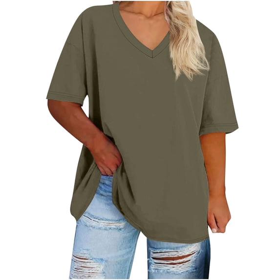 JGGSPWM Womens Oversized Tshirts V Neck Tee Shirts Half Sleeve Loose Breathable Comfortable T Shirt Cotton Tunic Tops Brown XL