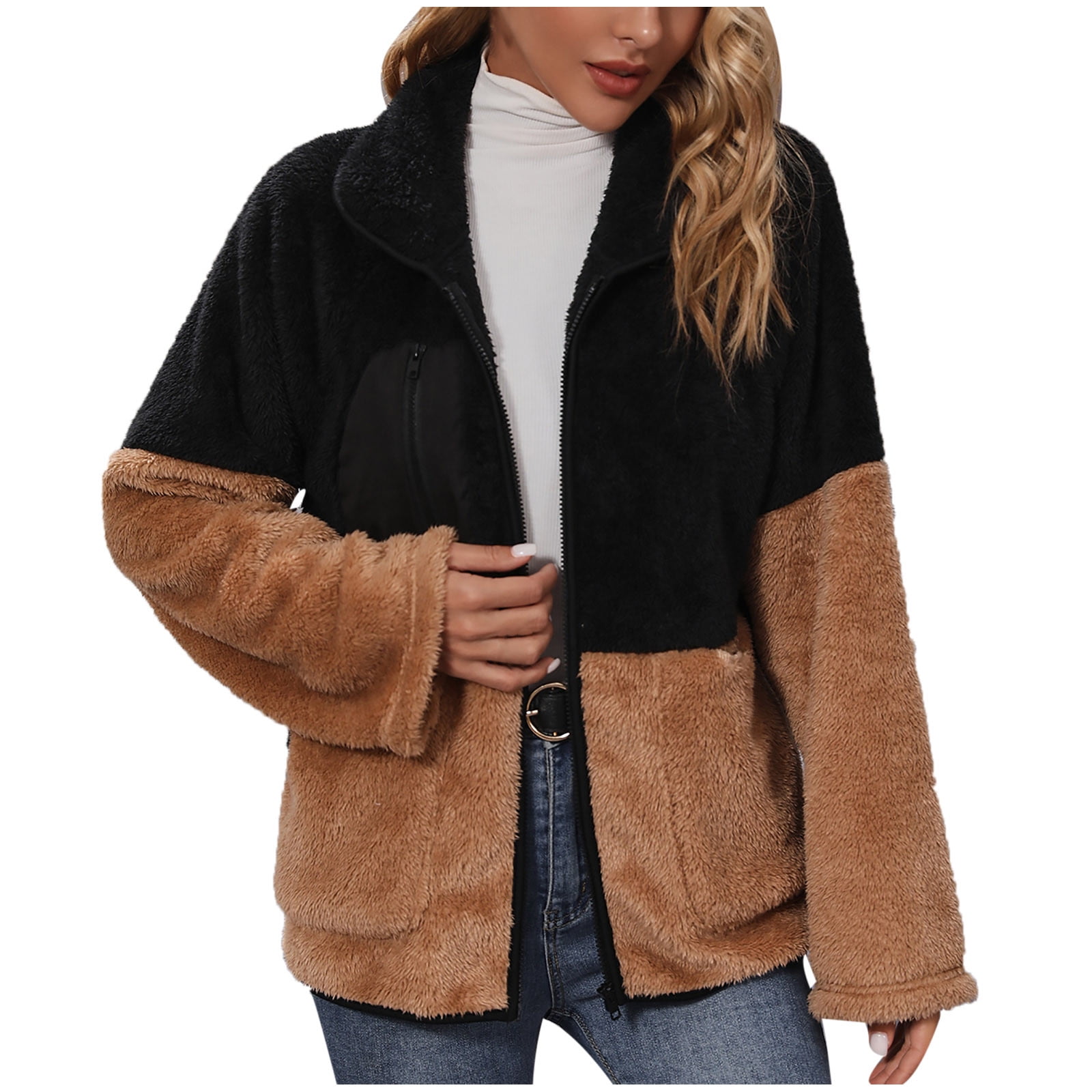 JGGSPWM Womens Oversized Zip Up Sherpa Jacket with Pockets Plaid Fleece