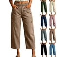 thumbnail image 1 of JGGSPWM Womens Pants Cropped Wide Leg Palazzo Pants Elastic Waist Button Detail Capris Beach Lounge Pant Capri Trousers Blue XXXL, 1 of 6