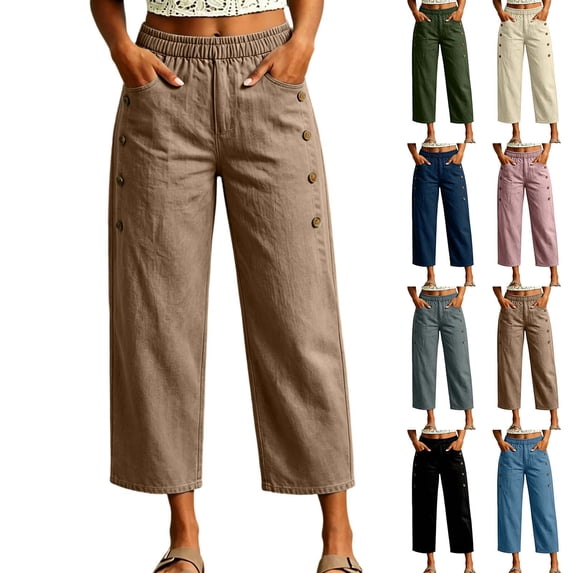 JGGSPWM Womens Pants Cropped Wide Leg Palazzo Pants Elastic Waist Button Detail Capris Beach Lounge Pant Capri Trousers Green L