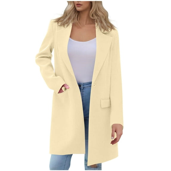 JGGSPWM Womens Pea Coat Solid Color Notched Lapel Pocket Single Breasted Long Jacket Winter Casual Trench Coat Outerwear Beige XL