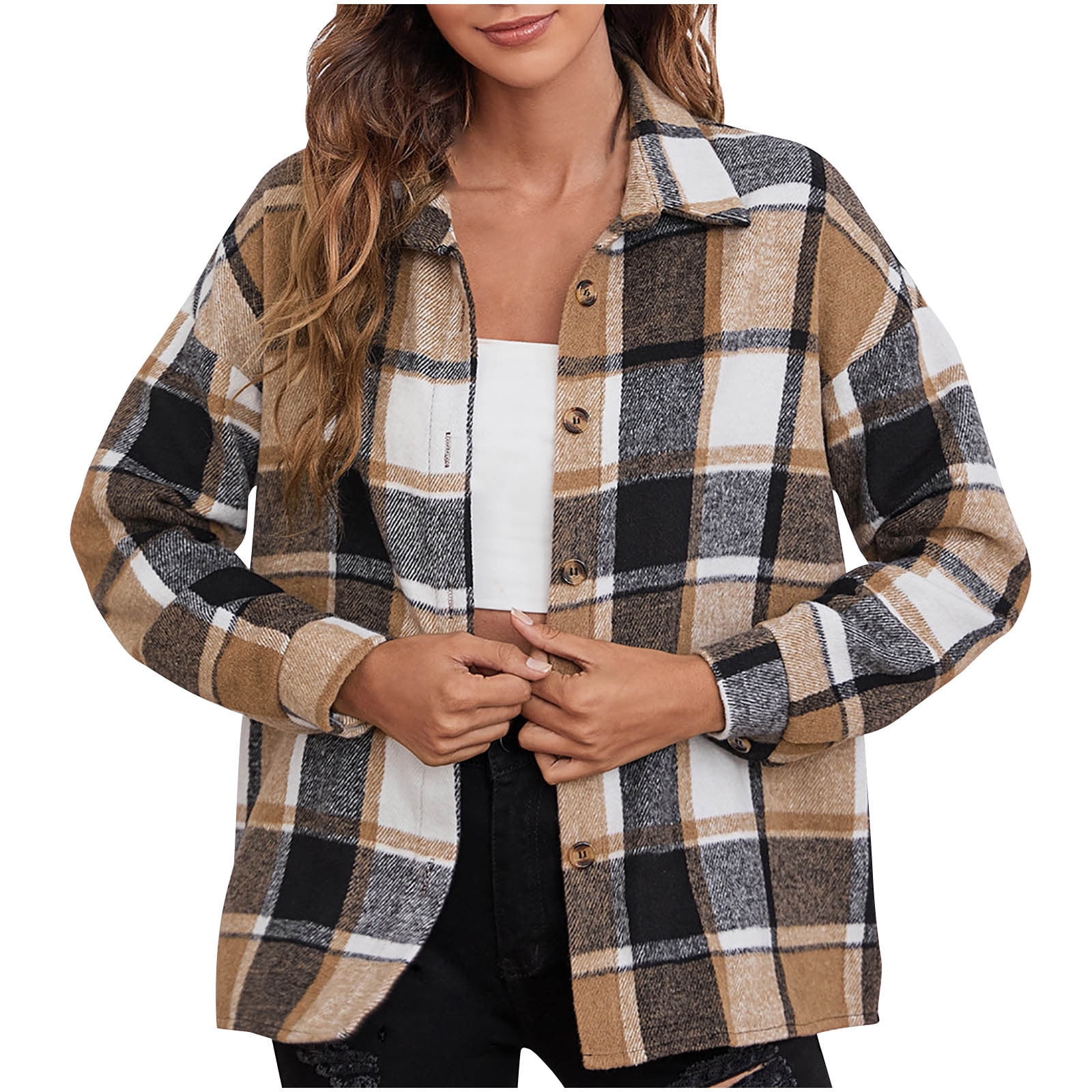 JGGSPWM Womens Plaid Button Down Flannel Shirts Tops Long Sleeve Lapel