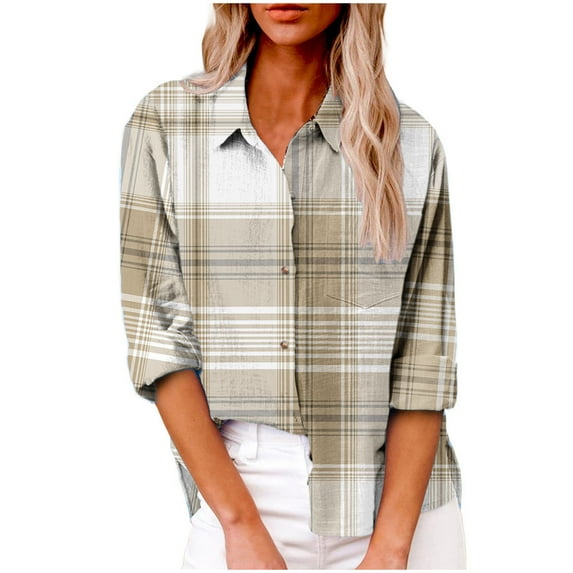 JGGSPWM Womens Plaid Cotton Linen Shirts Vintage Button Down with Pocket Spring Fall Lapel Collar Long Sleeve Linen Shirts for Women Linen Tops Linen Blouses Khaki M