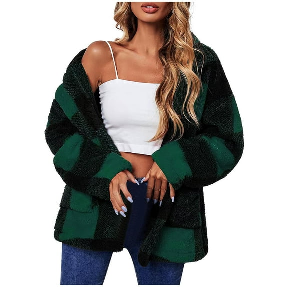 JGGSPWM Womens Plaid Fleece Sherpa Jacket Coat Comfortable Pullover Tops Loose Coat Long Sleeve Lapel Collar Outwear Green XXL