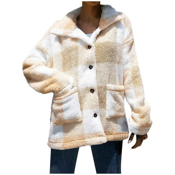 JGGSPWM Womens Plaid Fleece Sherpa Jacket Coat Comfortable Pullover Tops Loose Coat Long Sleeve Lapel Collar Outwear Khaki XXL