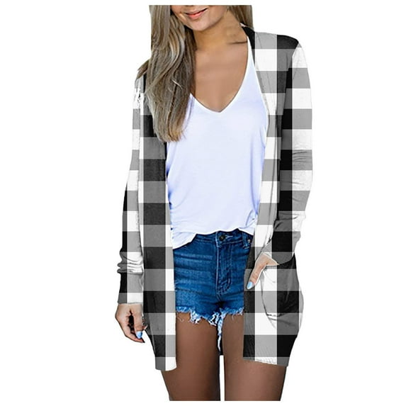 JGGSPWM Womens Plaid Pocket Cardigans Fall Pullover Fashion Coat Tops Long Sleeve Lapel V Neck Outwear White L