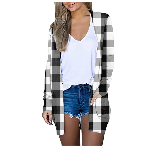 JGGSPWM Womens Plaid Pocket Cardigans Fall Pullover Fashion Coat Tops Long Sleeve Lapel V Neck Outwear White M