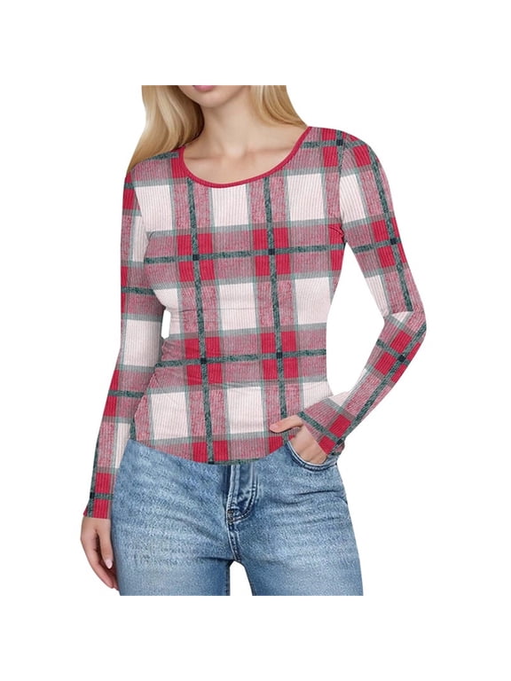 Womens Plaid Printing Slim Tight Fitting Long Sleeve Shirts Casual Round Neck Curved Hem Spring Fall Tunic Tops Blouses Red L