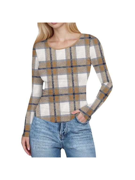 Womens Plaid Printing Slim Tight Fitting Long Sleeve Shirts Casual Round Neck Curved Hem Spring Fall Tunic Tops Blouses Yellow XXL
