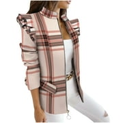 JGGSPWM Womens Plaid Ruffle Cape Sleeve Full Zip Blazer Jacket Tops Long Sleeve Lapel V Neck Outwear Cotton Coat Winter Pullover Pink XXL