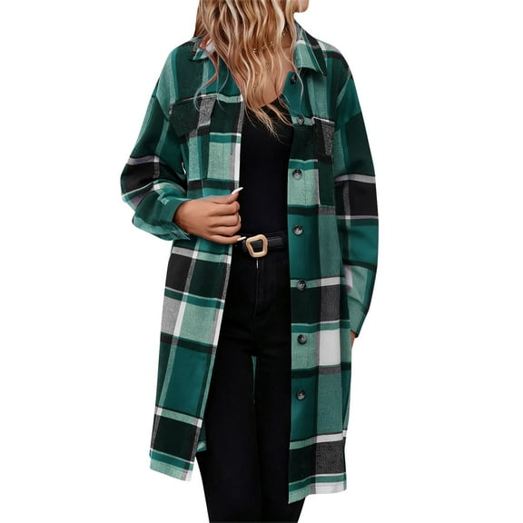 JGGSPWM Womens Plaid Shacket Jacket Long Corduroy Shirts Autunm and Winter Casual Lapel Button Down Flannel Trench Coats Green S