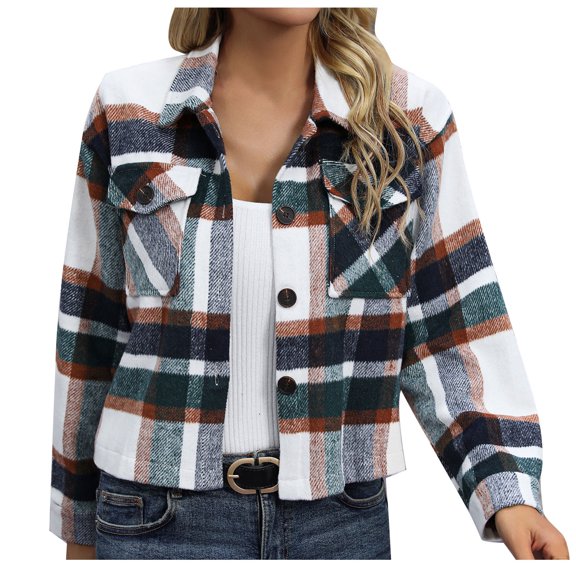 JGGSPWM Womens Plaid V Neck Woolen Long Sleeve Cropped Shacket Coat Button Down Pockets Jacket Shirts Green L