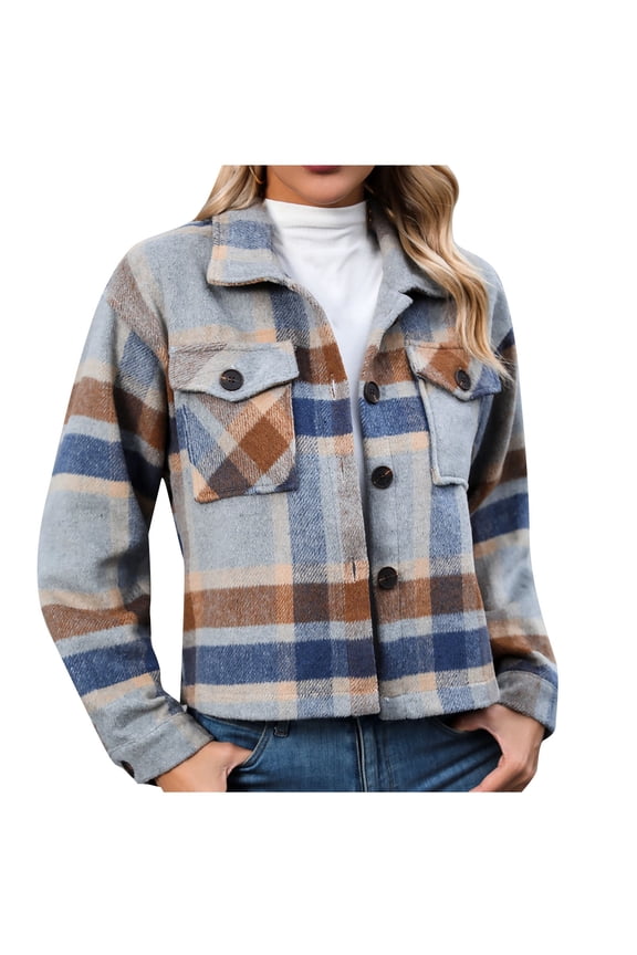 Womens Plaid V Neck Woolen Long Sleeve Cropped Shacket Coat Button Down Pockets Jacket Shirts Khaki M