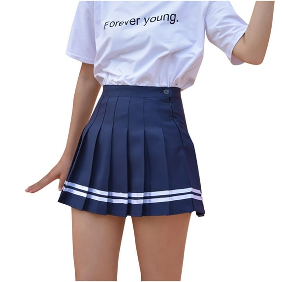 JGGSPWM Womens Pleated Mini Skirt Striped Trim Elastic Waist Fashion High Waist Slim A-Line Skirts Blue XL