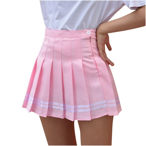 JGGSPWM Womens Pleated Mini Skirt Striped Trim Elastic Waist Fashion High Waist Slim A-Line Skirts Pink S