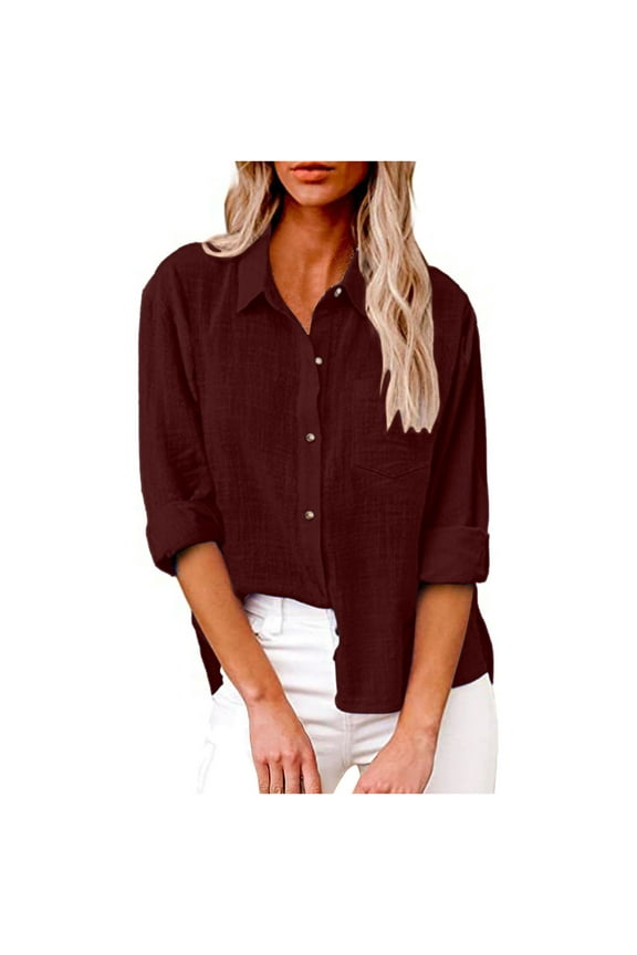 Womens Plus Size Cotton Button Down Shirt Casual Long Sleeve Loose Fit Collared Linen Work Blouse Tops with Pocket Wine XXXXL