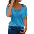 thumbnail image 1 of JGGSPWM Womens Plus Size Dressy Casual Solid Tops Tshirts Crochet Halter Neck Blouse Short Sleeve Shirts Cozy Tees Summer Casual Tunic Blue XXXXL, 1 of 6