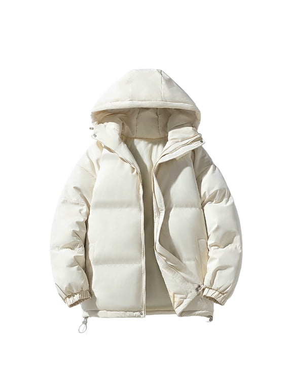 Womens Plus Size Puffer Jacket Full Zip Quilted Hooded Bubble Coats Padded Jacket Long Sleeve Winter Warm Coat Pocket Beige M