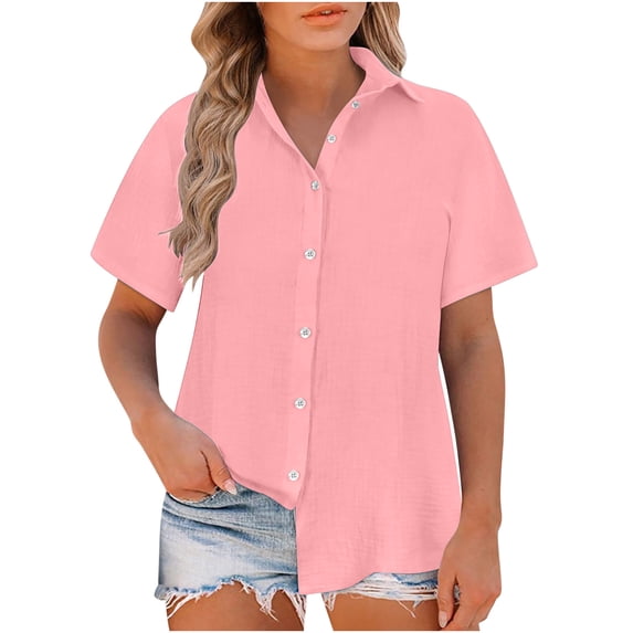 JGGSPWM Womens Plus Size Tops Button down Roll up Short Sleeve Casual Shirts with Collared Design Lightweight Summer Blouse Pink XXL