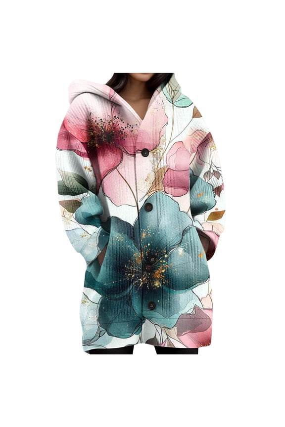 Womens Printed Long Sleeve Chunky Cable Knit Fall Cardigans Sweaters Button Down Open Front Hooded Outerwear with Pockets Multicolor S
