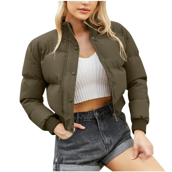 JGGSPWM Womens Puffer Jacket Cropped Button Zip Up Padding Warm Quilted Jackets Winter Coats Army Green XL