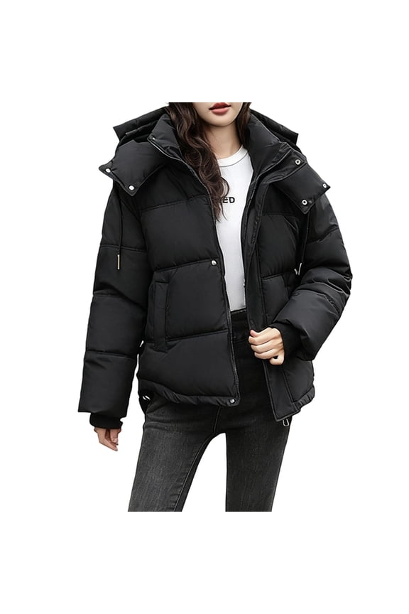 Womens Puffer Jacket Full Zip Quilted Hooded Bubble Coats Padded Jacket Long Sleeve Winter Warm Coat with Pocket Black XXL