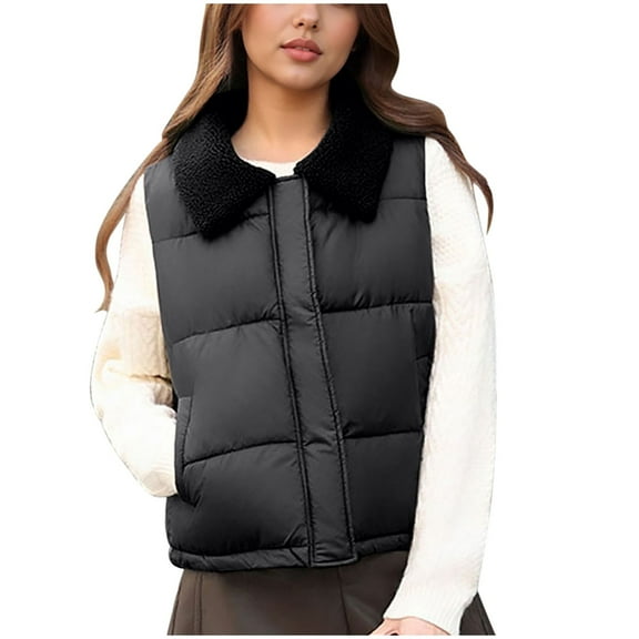 JGGSPWM Womens Puffer Vest Sleeveless Casual Loose Winter Warm Lightweight Turndown Collar Down Jacket Coats Black L