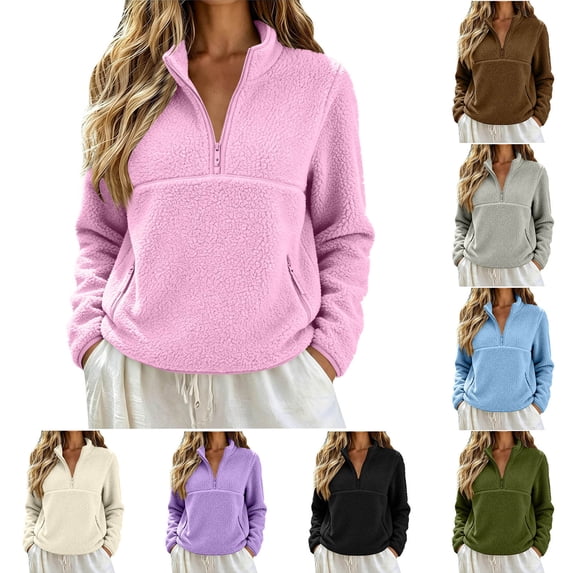 JGGSPWM Womens Quarter Zip Fleece Pullover Fuzzy Sherpa Jacket, Half Zip Mockneck Sweatshirt, Cozy Teddy Layering Tops Fall Winter Brown XXL