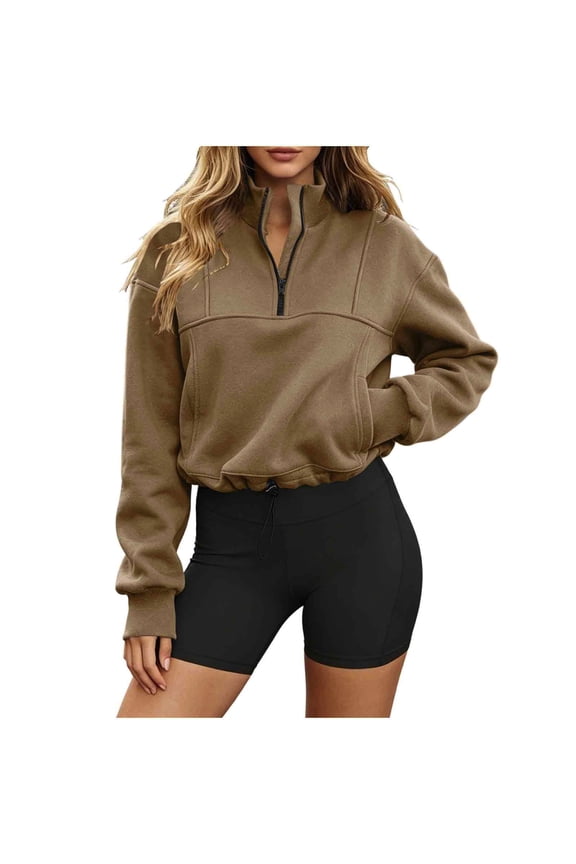 Womens Quarter Zipper Cropped Sweatshirts Drawstring Hem High Neck Sweatshirt Trendy Fall Pullover Tops with Pockets Yellow S