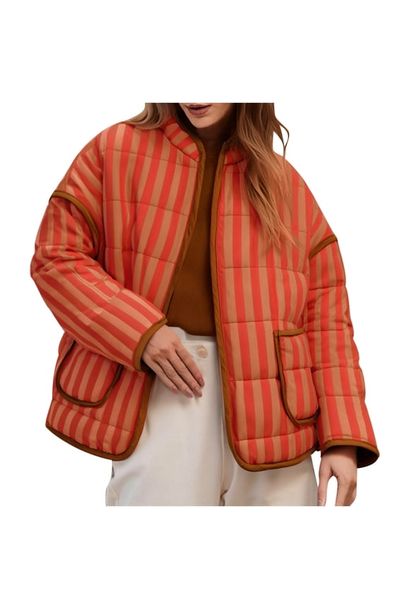 Womens Quilted Jacket Lightweight Winter Striped Long Sleeve Stand Collar Padded Puffer Cardigan Coat with Pockets Orange L
