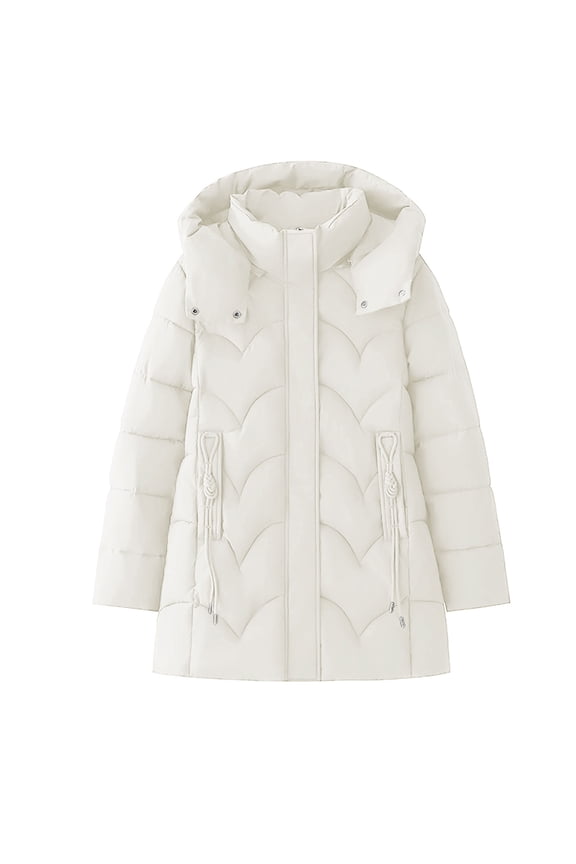 Womens Quilted Puffer Jacket Mid-Length Padded Warm Winter Heavyweight Coat Long Sleeve Hooded Jacket Outerwear White L