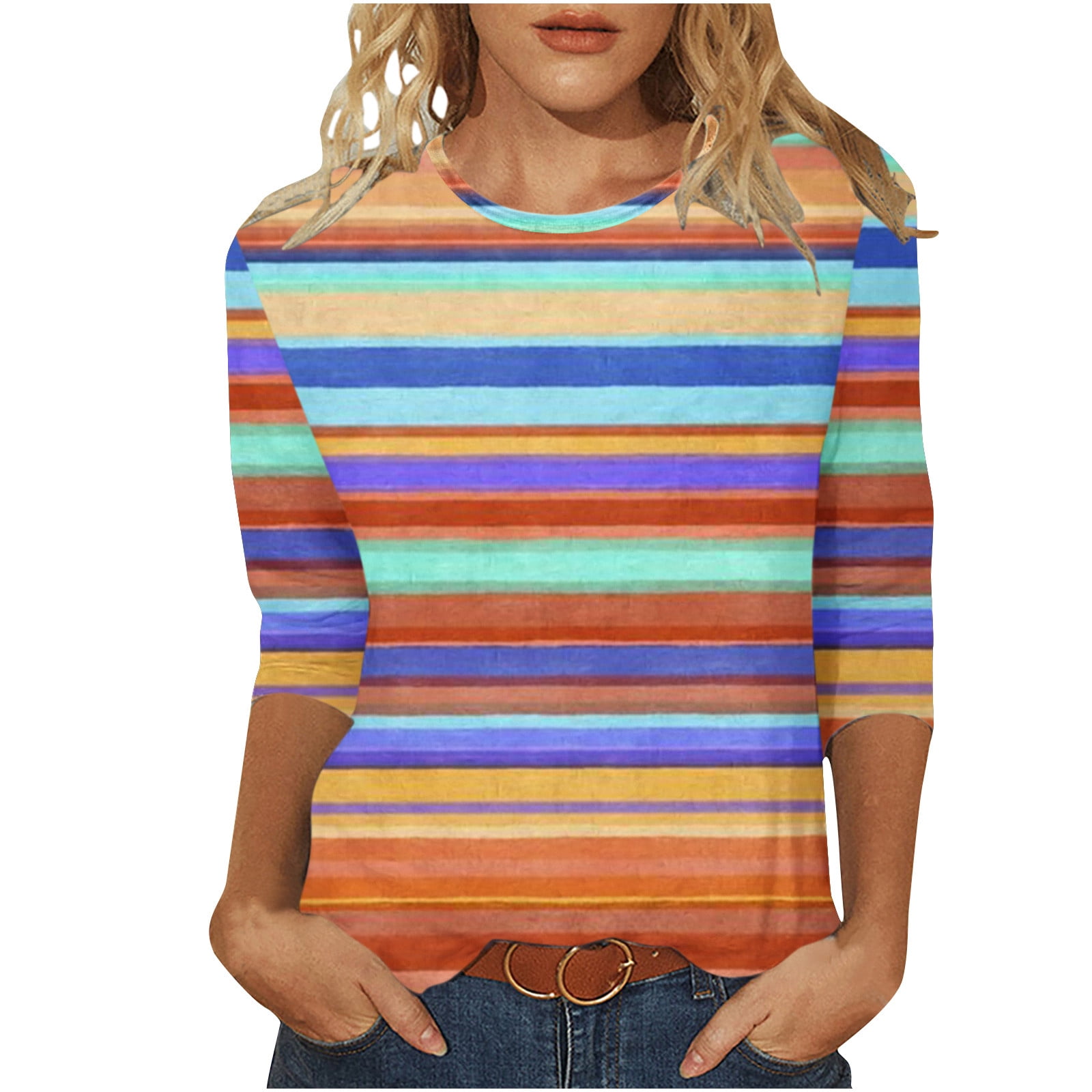 JGGSPWM Womens Rainbow Color Block Shirts Lovely 3/4 Sleeve Tops Comfy ...