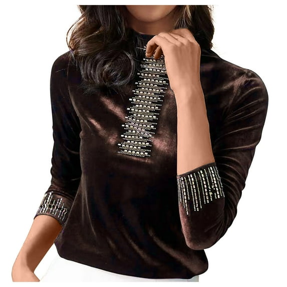 JGGSPWM Womens Rhinestone High Neck Velour Shirts Long Sleeve Velvet Tops Elegant Dressy Casual Blouse Pullover Coffee XXXXL