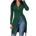 thumbnail image 1 of JGGSPWM Womens Ribbed Knit Plus Size Solid Long Hip Length Blouse Zipper V Neck Long Sleeve Shirts O Ring Split Tunic Pullover Green XL, 1 of 4