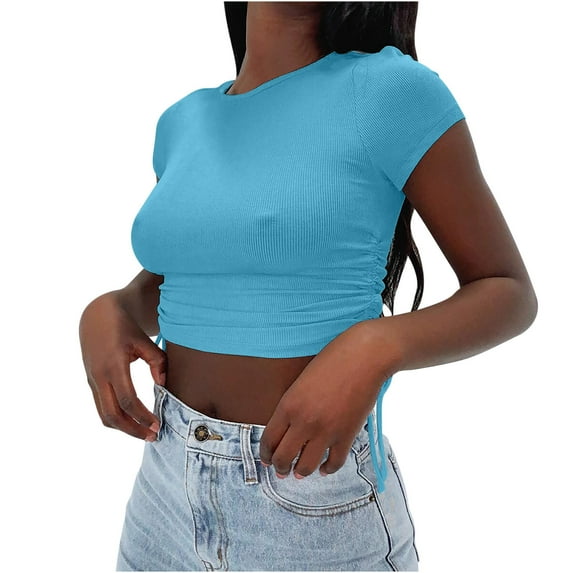 JGGSPWM Womens Ribbed Knit Solid Blouse Crewneck Short Sleeve Shirts Side Shirred Drawstring Crop Tunic Pullover Light Blue XL