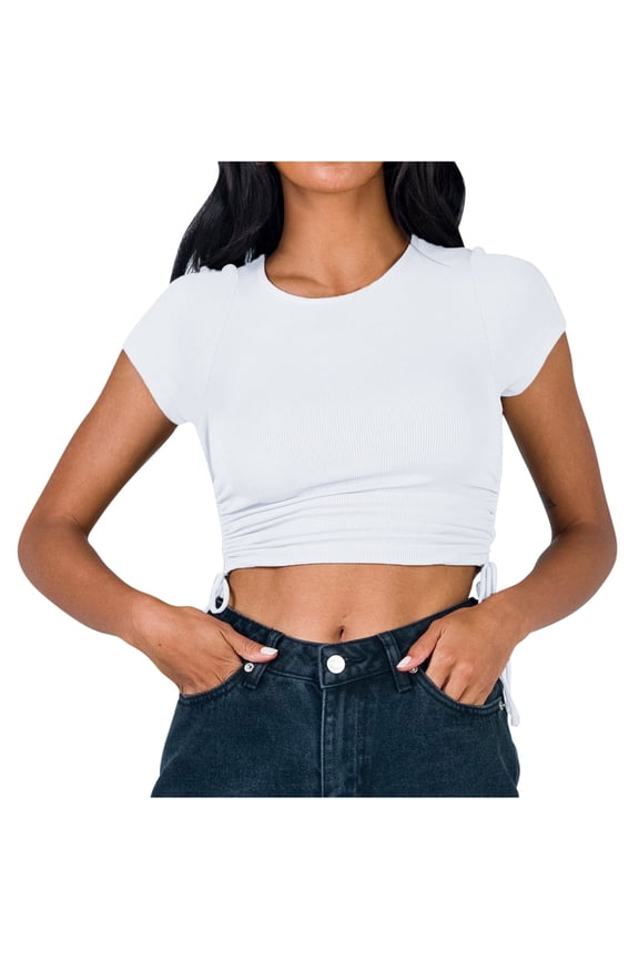 Womens Ribbed Knit Solid Blouse Crewneck Short Sleeve Shirts Side Shirred Drawstring Crop Tunic Pullover White S