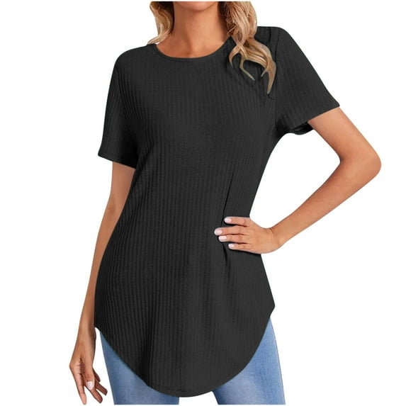 JGGSPWM Womens Ribbed Knit Solid Blouse Swing Loose Fit Round Hem Tunic Tees Crewneck Short Sleeve Shirts Black XL