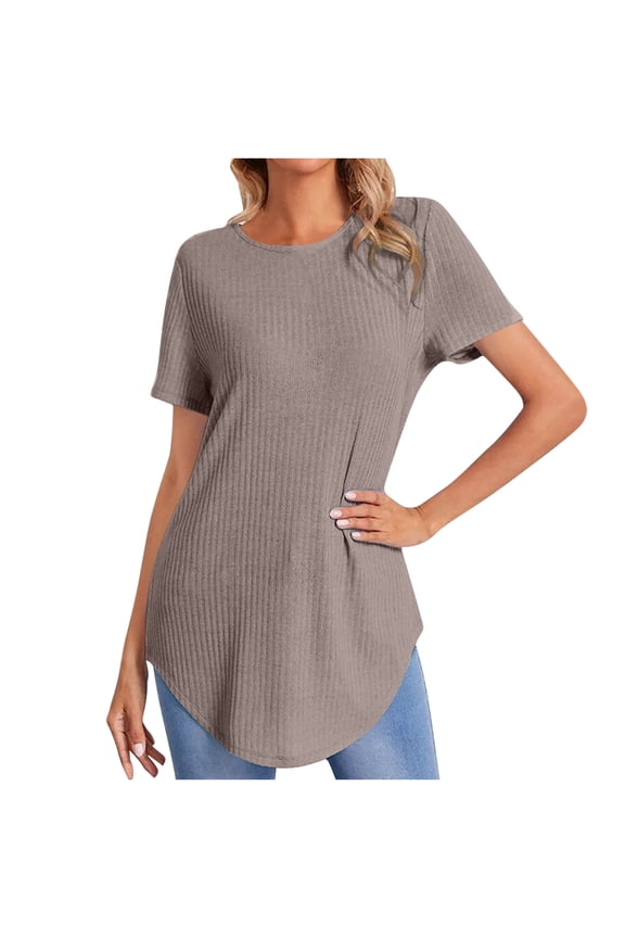 Womens Ribbed Knit Solid Blouse Swing Loose Fit Round Hem Tunic Tees Crewneck Short Sleeve Shirts Brown XL