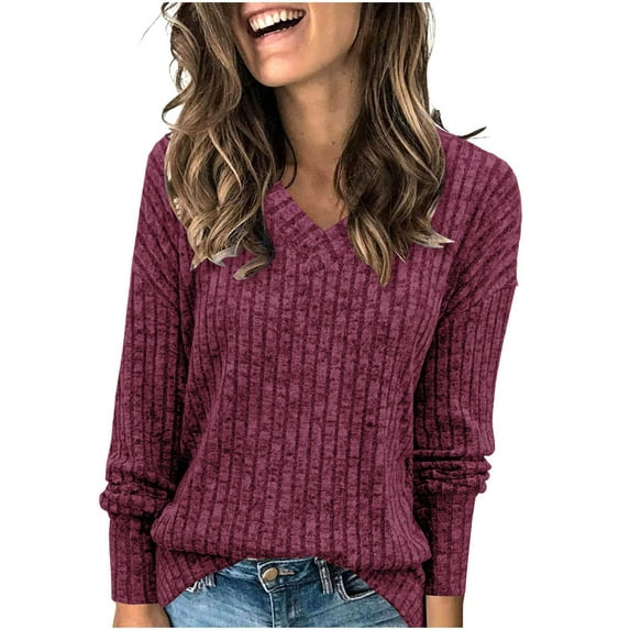 JGGSPWM Womens Ribbed Knit Sweaters Soft Pullover Jumper Long Sleeve V Neck Casual Cozy Sweater Red S