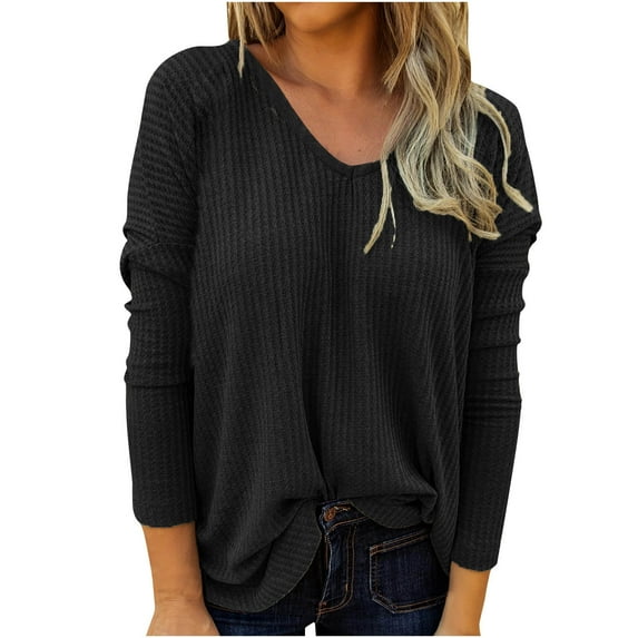 JGGSPWM Womens Ribbed Knit Tops Comfy Soft Tee Shirts Long Sleeve Solid Blouse Pullover Tunic V Neck Regular Fit Tshirt Black XL