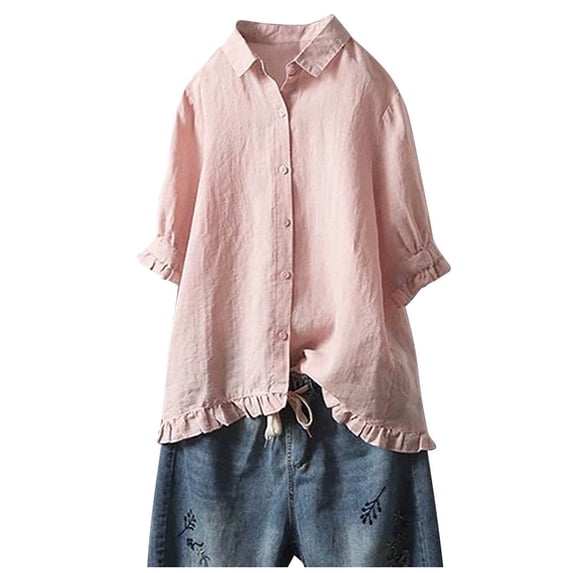 JGGSPWM Womens Ruffle Collar Cute Solid Plain Cotton Linen Plus Size Blouse V Neck Lapel Button Down Elbow-Length Shirts Temperament Elegant Kawaii Tunic Tees Pink XXXXL
