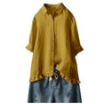 thumbnail image 1 of JGGSPWM Womens Ruffle Collar Cute Solid Plain Cotton Linen Plus Size Blouse V Neck Lapel Button Down Elbow-Length Shirts Temperament Elegant Kawaii Tunic Tees Yellow XL, 1 of 6
